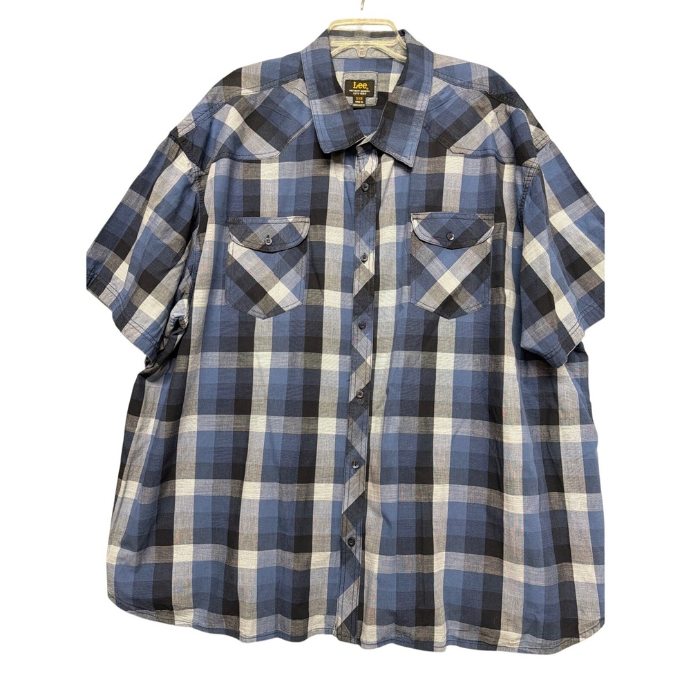 Lee Mens 5XB Blue‎ Black Plaid Western Short Sleeve Button Down Shirt Cotton
